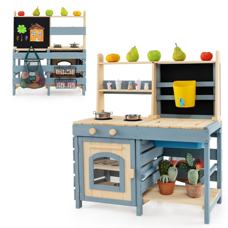 キッチン おままごと 台所 Costzon 2 in 1 Mud Kitchen, Fir Wood Outdoor Play Kitchen & Grocery Store w/Removable Sink, Water Box & Faucet, Stoves, Storage Bag, Metal Baskets, Double-Sided Kids Kitchen Playset for Boys Girls 3+ 【並行輸入品】