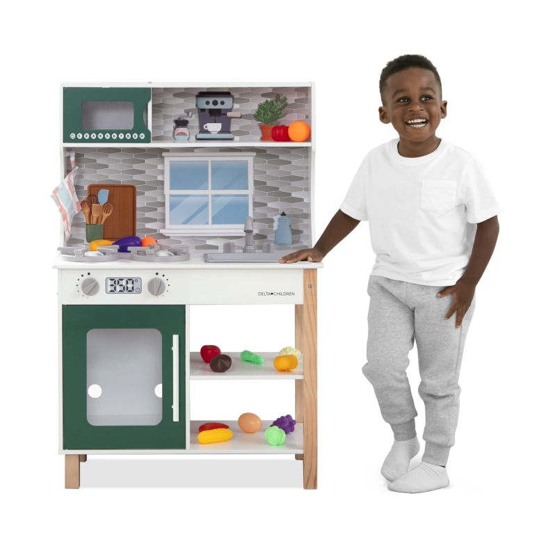 キッチン おままごと 台所 Delta Children Tiny Chef Play Kitchen - Toy Kitchen Playset with Realistic Knobs That Turn/Click, Oven, Sink, Microwave and 15 Pieces of Play Food, Green 【並行輸入品】