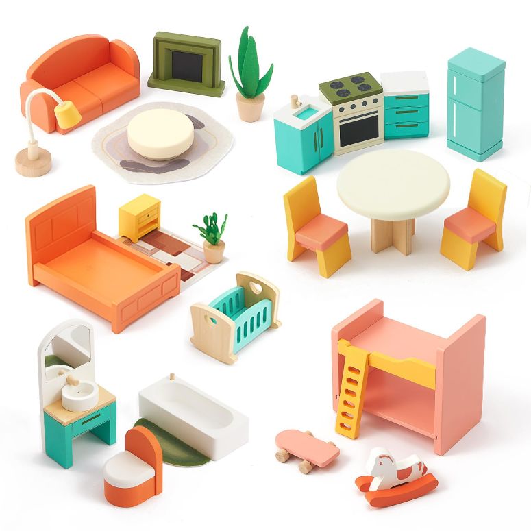 キッチン おままごと 台所 Giant bean 26 Pcs Large Wooden Dollhouse Furniture 5 Set for Kitchen, Living Room, Bedroom, Bathroom, Babyroom, Candy Dollhouse Accessories & Furniture Toy for Girls Boys Kids 3+ 【並行輸入品】