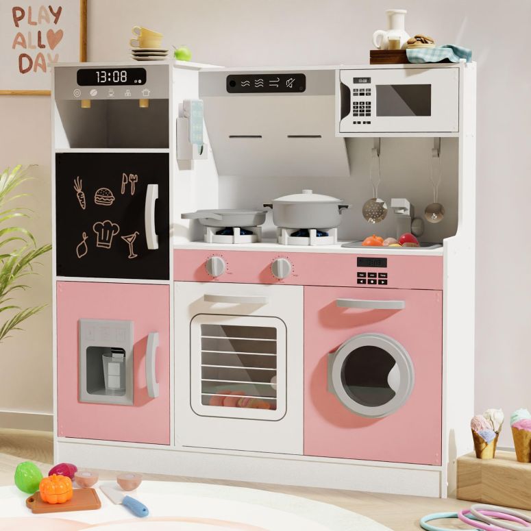 キッチン おままごと 台所 BIERUM Play Kitchen with Realistic Lights & Sounds, Wooden Kitchen Playset with 28 Pcs Toy Food & Cookware Accessories, Toy Kitchen with Plenty of Play Features, Idea Gift for Boys and Girls Ages 3+ 【並行輸入品】