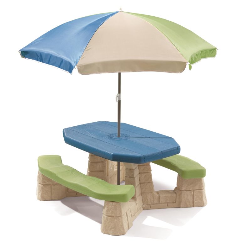 キッチン おままごと 台所 Step2 Naturally Playful Kids Picnic Table with Removable Umbrella, Indoor/Outdoor Toys, Fits 6 Children, Made of Durable Plastic, For Toddlers 3+ Years Old, Blue & Green 【並行輸入品】