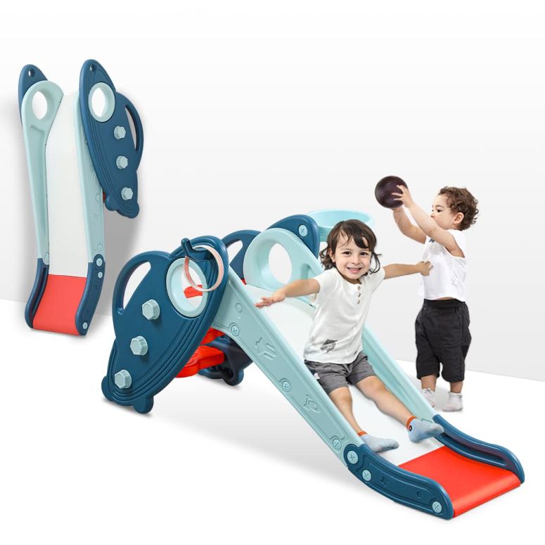 キッチン おままごと 台所 Onasti Kids Slide for Toddlers Age 1-3 Indoor Baby Plastic Slide Outdoor Climber Freestanding Playset with Basketball Hoop & Ring Game Blue 【並行輸入品】