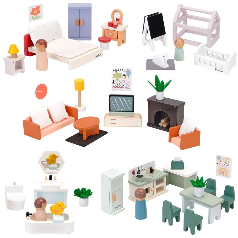 キッチン おままごと 台所 PairPear Wooden Dollhouse Furniture Set,56 Pieces Doll Furnitures with 5 Room Kits Play Fingers,Doll House Miniature Furniture Pretend Play Toys Gift for Toddler Boys and Girls 3Y+ 【並行輸入品】