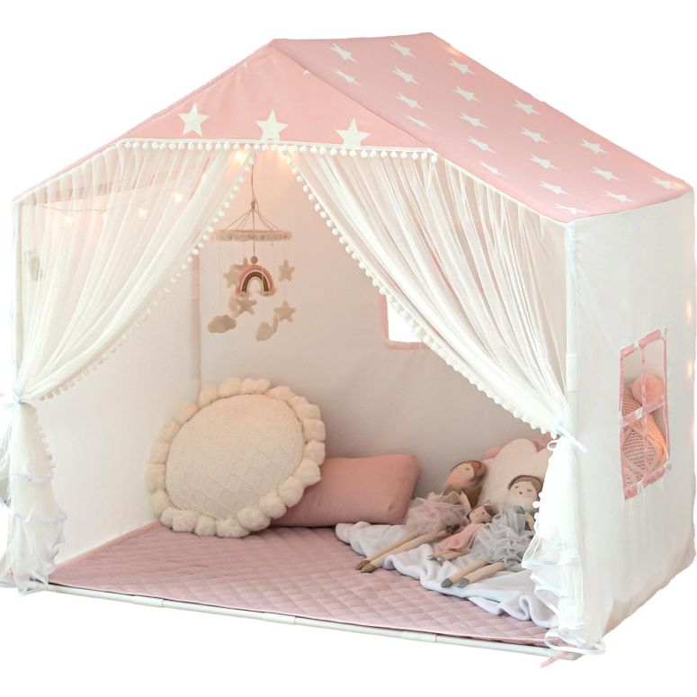 プレイハウス ままごと 子供 キッズ Kids Play Tent with Mat, Large Playhouse Tent with Pompoms Door Curtains, Children Play House for Girls Boys, Indoor Play Cottage (Pink) 【並行輸入品】