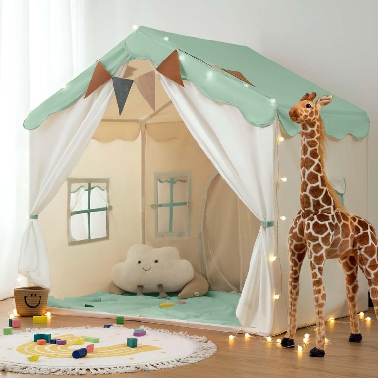 プレイハウス ままごと 子供 キッズ BESREY Kids Play Tent - 2 in 1 with Padded Mat & Lights, Large Playhouse with 2 Doors & 4 Windows, Indoor & Outdoor, Christmas Toddler Play Tent, 51\