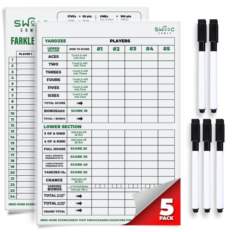 ゲーム パーティ 楽しめる SWOOC Games - 5 Big Dry Erase Yardzee & Farkle Score Cards with 5 Markers (11.5in x 8in) | Large Laminated Reusable Pads & Pens for Giant Dice Games | Jumbo Yardzee Score Card and Farkle Score Sheets 【並行輸入品】