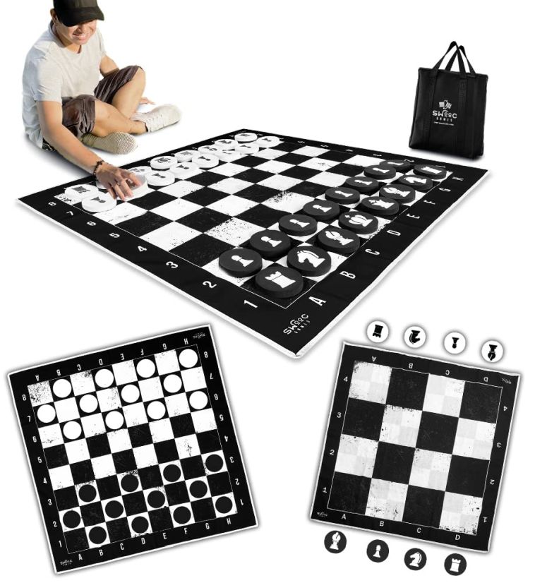 力くらべ 寄り合い 楽しめる SWOOC Games - 3-インチ-1 Giant Chess, Checkers, \u0026 Chess Tac Toe Game with Mat (4フィート x 4フィート) - Machine-Washable Canvas \u0026 5\