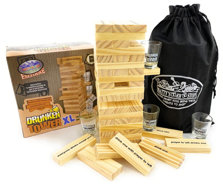 ゲーム パーティ 楽しめる M?tty's Toy Stop Deluxe 60pc XL Wood Drunken Tower The Grab A Piece Drinking Game with Shot Glasses & Storage Bag 【並行輸入品】