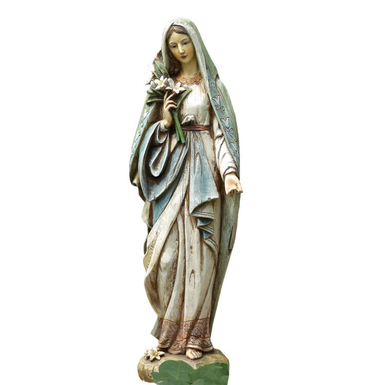 敷石 飛び石 庭園 洋風 庭 Napco Mary Holding Lily Bouquet Ivory 4.5 x 12.25 Resin Stone Garden Figurine 【並行輸入品】
