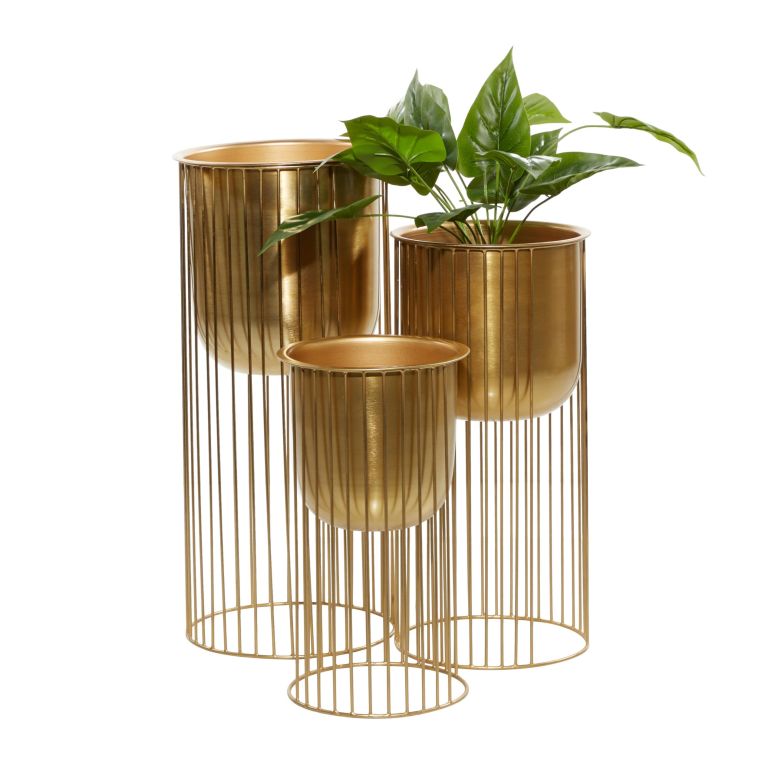 かざり付ける 飾りつけ 雑貨 外国で Deco 79 Metal Indoor Outdoor Planter Deep Recessed Dome Large Planter Pot with Elevated Caged Stand, Set of 3 Planters 24\", 20\"", 16\""H, Gold 【並行輸入品】"