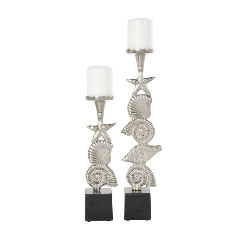装飾 置物 雑貨 海外 Deco 79 Aluminum Metal Shell Decorative Candle Holder Candle Stand with Black Marble Bases, Set of 2 Candlestick Holder 20\