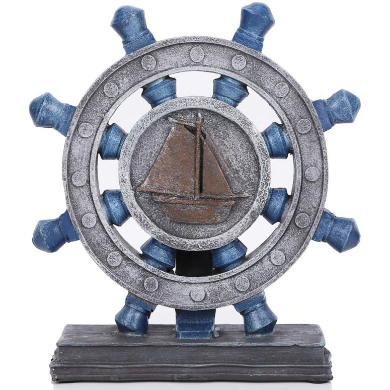 装飾 置物 雑貨 海外 H&W Resin Rudder Figurine, Nautical D?cor, Helm Model Statue Ornament for Home Garden Bar, Indoor Outdoor Tabletop Decoration, Antique Boat Anchor Mediterranean Style, Blue (HH19-D3) 【並行輸入品】