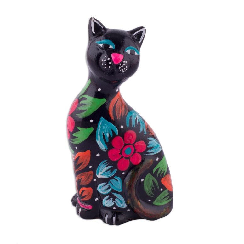 装飾 置物 雑貨 海外 NOVICA Artisan Handmade Ceramic Figurine of Floral Black Cat from Peru Multicolor Sculpture Painted [3.9in H x 2.2in W x 1.6in D] ' Sweet Cat in Black' 【並行輸入品】｜MJ-MARKET 11,550円
