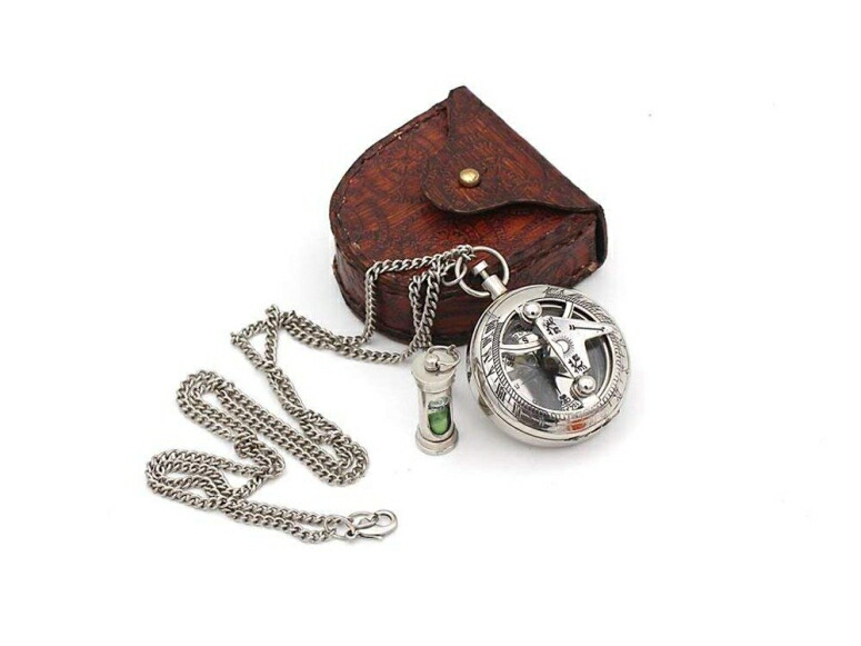 金管楽器製 日晷儀 羅針儀 真ちゅう 携帯型 サンダイアル Best Mens Gifts Necklace Sundial Push compass with Leather Case 【並行輸入品】