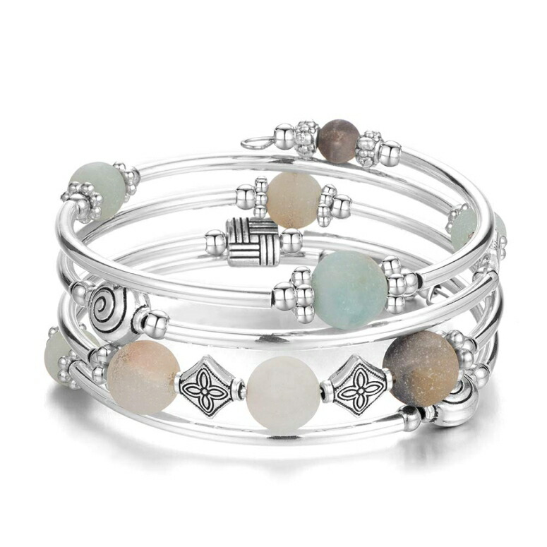ビーズバングル ブレスレット Beaded Pearl Bangle Wrap Bracelet - Fashion Bohemian Jewelry Multilayer Charm Bracelet with Thick Silver Metal Beads, Gift for Women and Girls (Green) 【並行輸入品】