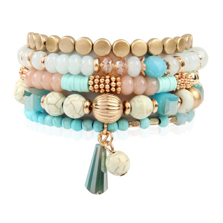 ビーズバングル ラップブレスレット RIAH FASHION Bead Multi Layer Versatile Statement Bracelets - Stackable Beaded Strand Stretch Bangles Sparkly Crystal, Tassel Charm (Bohemian Mix - Turquoise) 【並行輸入品】|MJ-MARKET