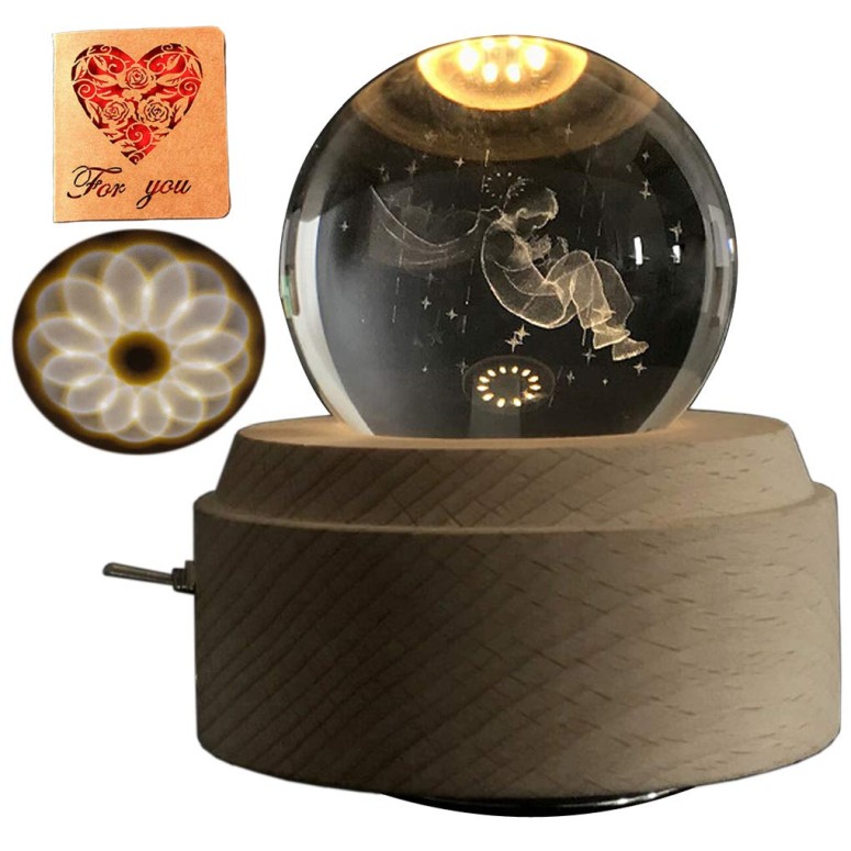 3Dクリスタルボールオルゴール 星の王子さま LED ウッドベース Amperer 3D Crystal Ball Music Box Little  Prince Luminous Rotating Musical Box with Projection LED Light and Wood 