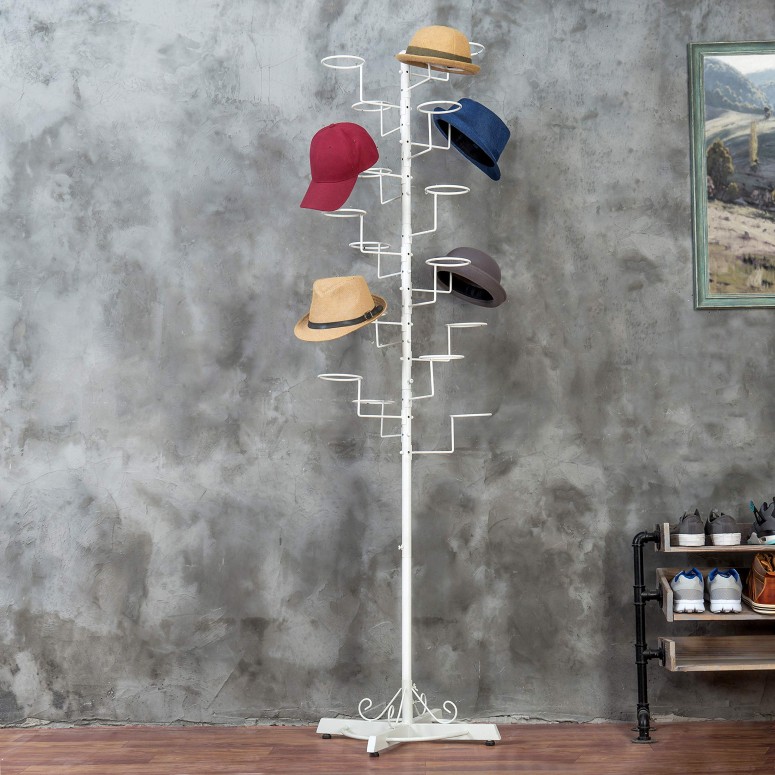 帽子ラック ディスプレイ スタンド Modern White Metal Freestanding Customizable Retail Display Stand with 20 Circular Hooks for Hats and Wigs 【並行輸入品】