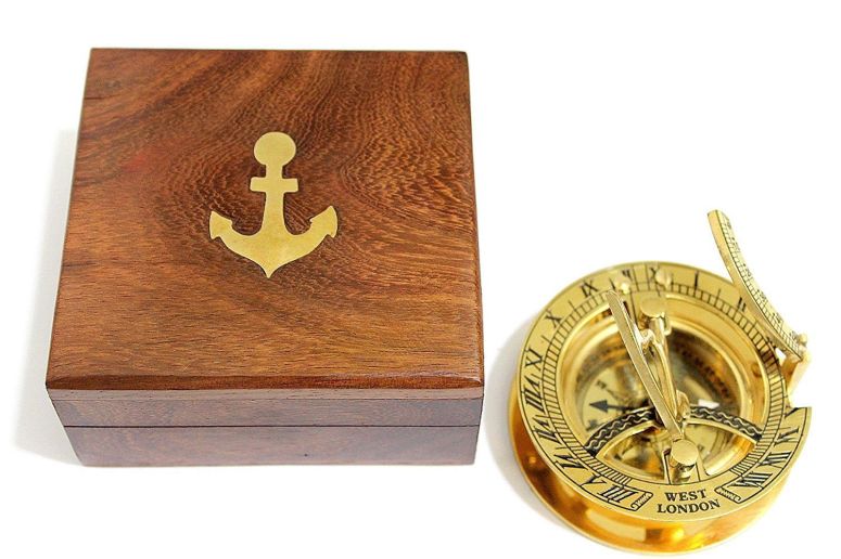 金管楽器製 日晷儀 羅針儀 真ちゅう サンダイアル 3\" Sundial Compass with Teak Wood Box Inlaid with Solid Brass 【並行輸入品】"