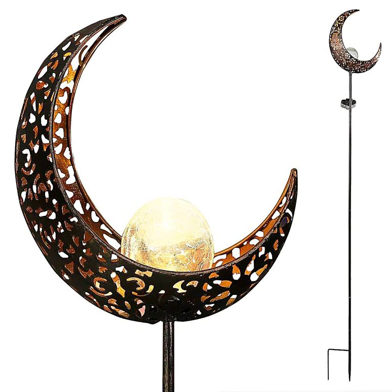 三日月 LEDソーラーライト Starryfill Garden Solar Lights Outdoor Bronze Moon Crackle Glass Globe Stake Metal Lights Waterproof Warm White LED for Pathway Lawn Patio or Courtyard 【並行輸入品】
