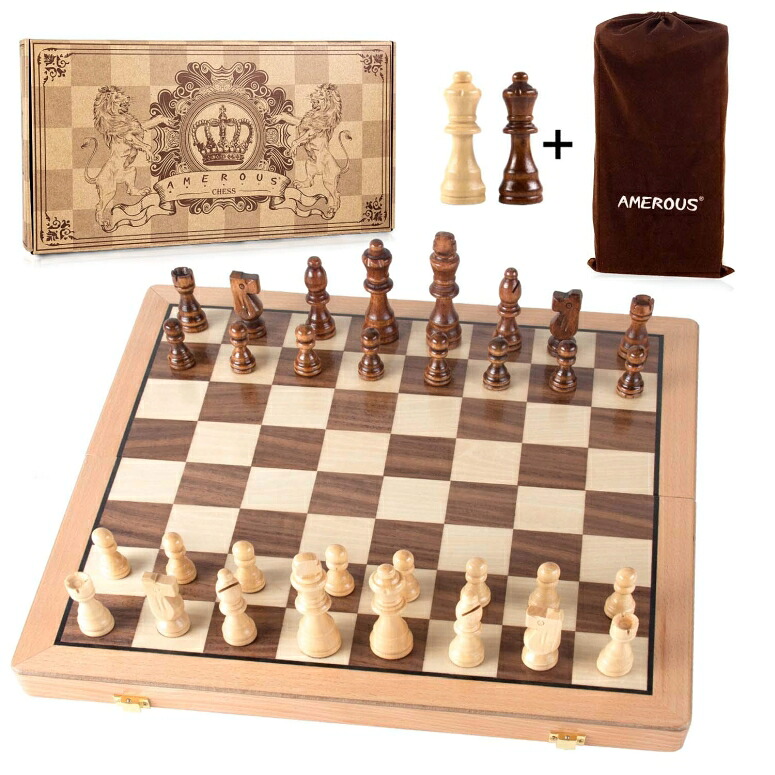 チェスセット AMEROUS Magnetic Wooden Chess Set, 15 Inches Handmade Wooden Folding Travel Chess Board Game Sets with Chessmen Storage Slots for Kids and Adults, 2 Bonus Extra Queens, Gift Box Packed 【並行輸入品】｜MJ-MARKET