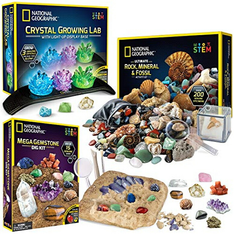 ナショナルジオグラフィック 地質学学バンドル NATIONAL GEOGRAPHIC Geology Bundle - 3 Rock, Fossil and Crystal Kits, Grow Crystals, Start a Rock, Mineral, \u0026 Fossil Collection, \u0026 Dig Up 15 Real Gemstones, Great STEM Science Kit for Boys 【並行輸入品】