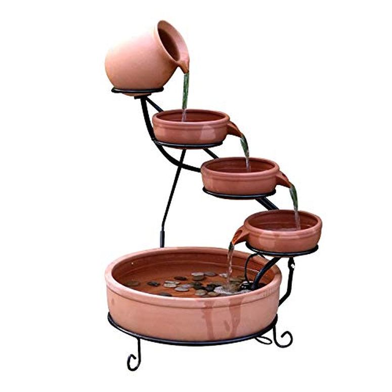 ガーデン 噴水 インテリア噴水 置き型 噴水 滝のオブジェ ウォーターフォールファウンテン ASC Cascade Ceramic Solar Water Fountain Bowls 5 Tierd with Panel Pump Cascading Garden Decoration Bird Iron Frame (Terracotta with Battery and Le 【並行輸入品】