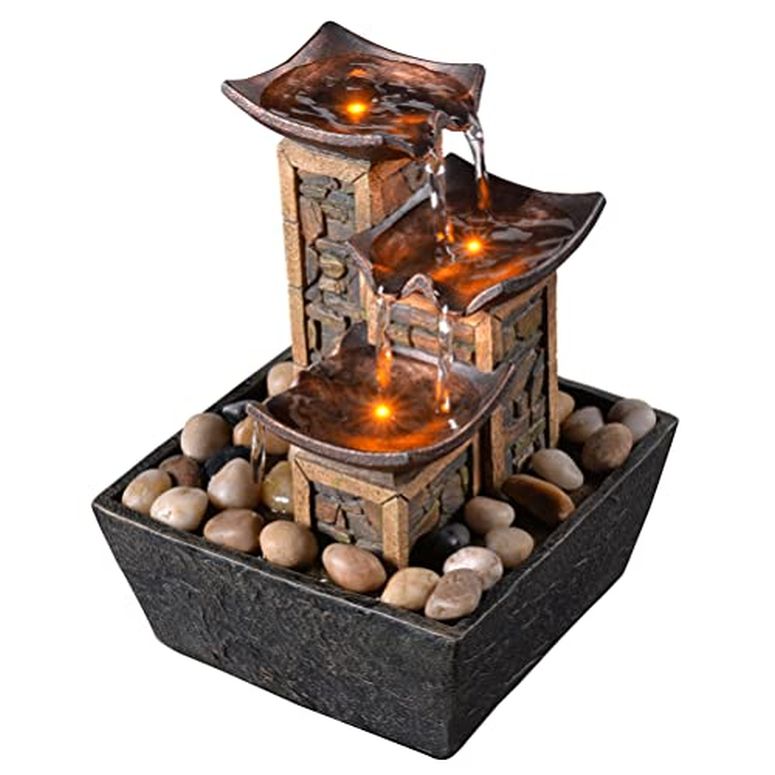 卓上 噴水 滝のオブジェ テーブルトップファウンテン インテリア噴水 GOSSI Indoor 3-Tier Relaxation Tabletop Fountain Simulation Stone Pillar Water Fountain Soothing Sound Meditation Fountain with Natural River Rocks and Reflective Lig 【並行輸入品】