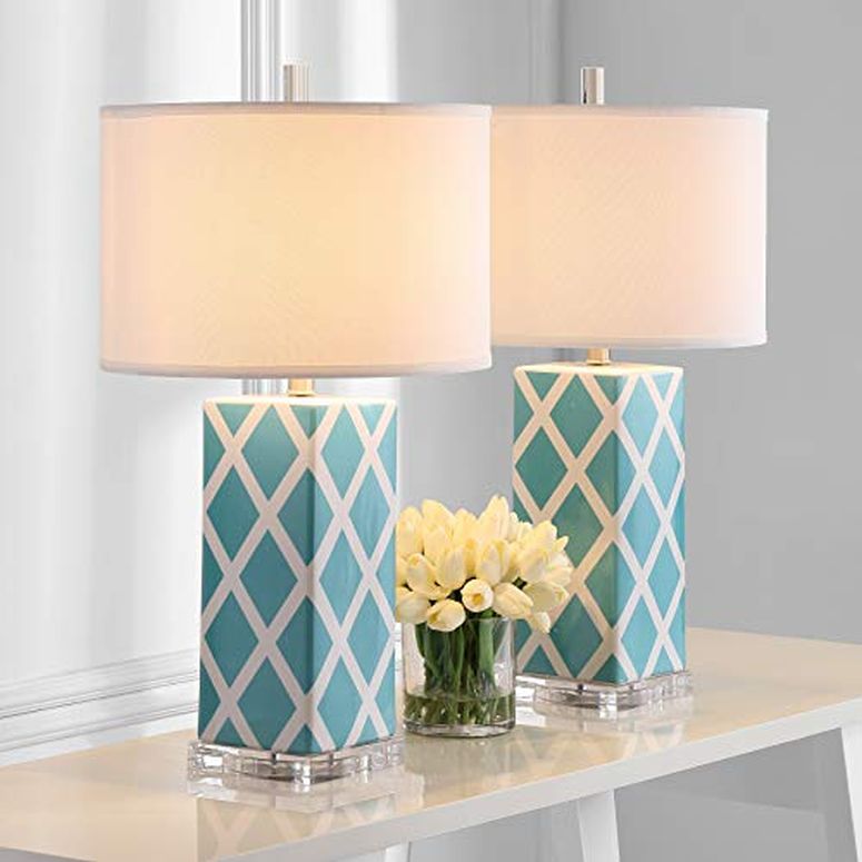 サファヴィヤ safavieh 時刻表照明ランプ サファビヤ サファヴィア SAFAVIEH Lighting Collection Garden Lattice Trellis Modern Contemporary Light Blue 27-inch Bedroom Living Room Home Office Desk Nightstand Table Lamp Set of 2 (LED Bulbs  【並行輸入品】