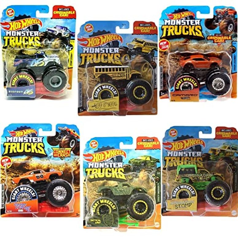 ホットウィール 異類異形貨物自動車 Hot Wheels Monster Trucks Crushable Car Set of 6 Diecast Vehicles with Bigfoot 45, Dodge Charger, Camaro and More 【並行輸入品】