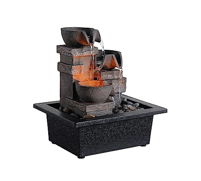 卓上 噴水 滝のオブジェ テーブルトップファウンテン インテリア噴水 MAOCHI Indoor Fountain 3-Bowl Rockery Soothing Sound Tabletop Fountains Home/Office Decor with Natural River Rocks LED Lights Automatic Watering Pump(22044A) 【並行輸入品】