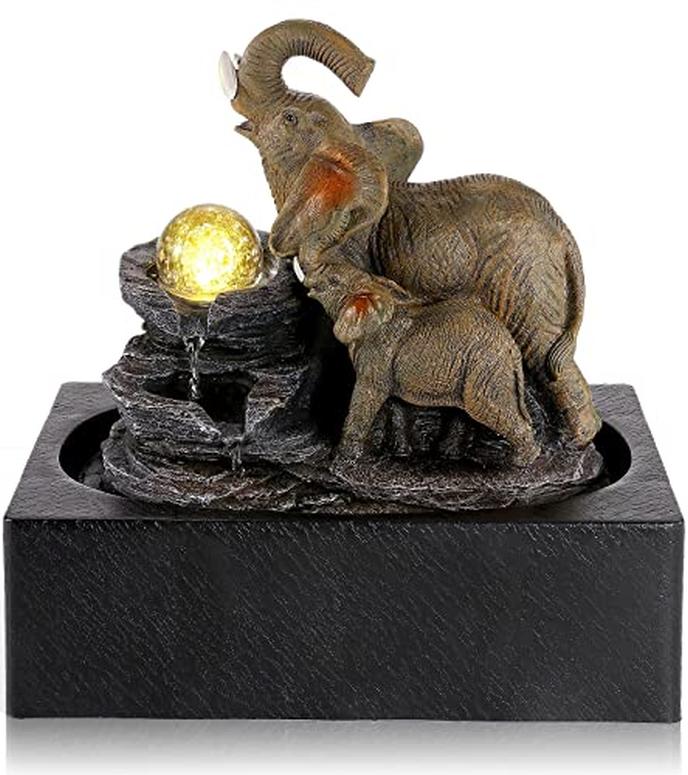 卓上 噴水 滝のオブジェ テーブルトップファウンテン インテリア噴水 WICHEMI Indoor Water Fountains Tabletop Fountain Indoor Waterfall Fountain of Elephant Sculpture with LED Warm Light and Spinning Ball for Home Office Desktop Decor