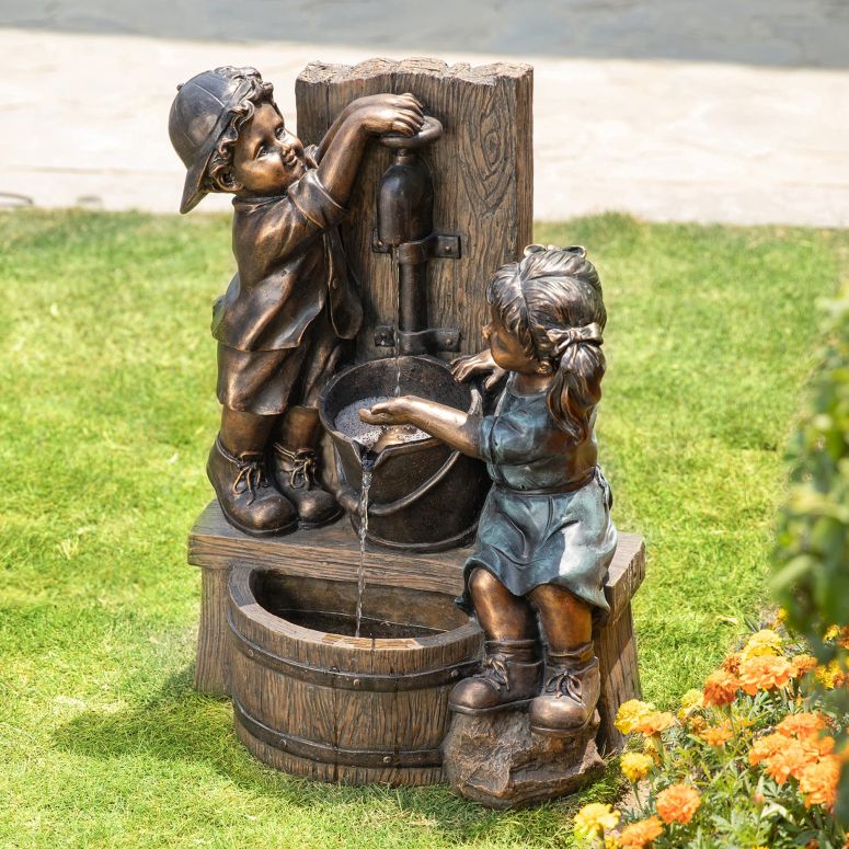 ガーデン 噴水 インテリア噴水 置き型 噴水 滝のオブジェ ウォーターフォールファウンテン Glitzhome Outdoor Water Fountain with LED Light Children Playing with Faucet Waterfall Fountain Antique Bronze Boy and Girl Statue Outdoor Waterfa 【並行輸入品】