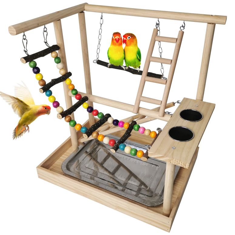 インコ 小鳥 バード トラベルキャリアー Hamiledyi Parrots Playground, Bird Play Gym Wood Perch Stand Colours Climb Ladders Swing Chewing Toys with Parakeet Feeding Cups Exercise Activity Center for Conure Cockatiel Lovebirds(Include 【並行輸入品】