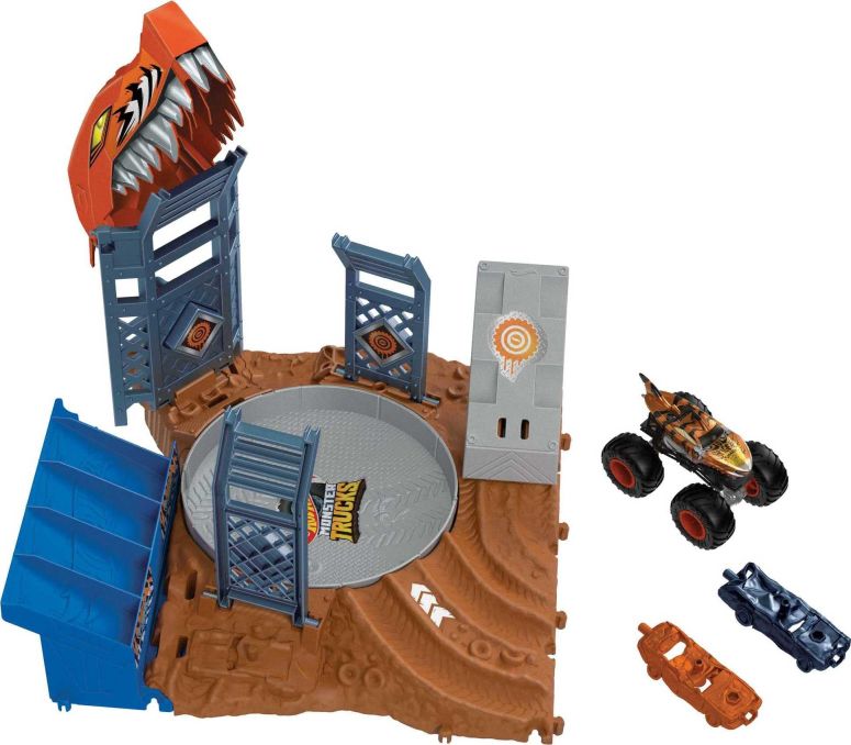 ホットウィール モンスタートラック Hot Wheels Monster Trucks Arena Smashers Tiger Shark Spin-Out Challenge with a 1:64 Scale Tiger Shark and 2 Crushable Cars, HNB93 【並行輸入品】