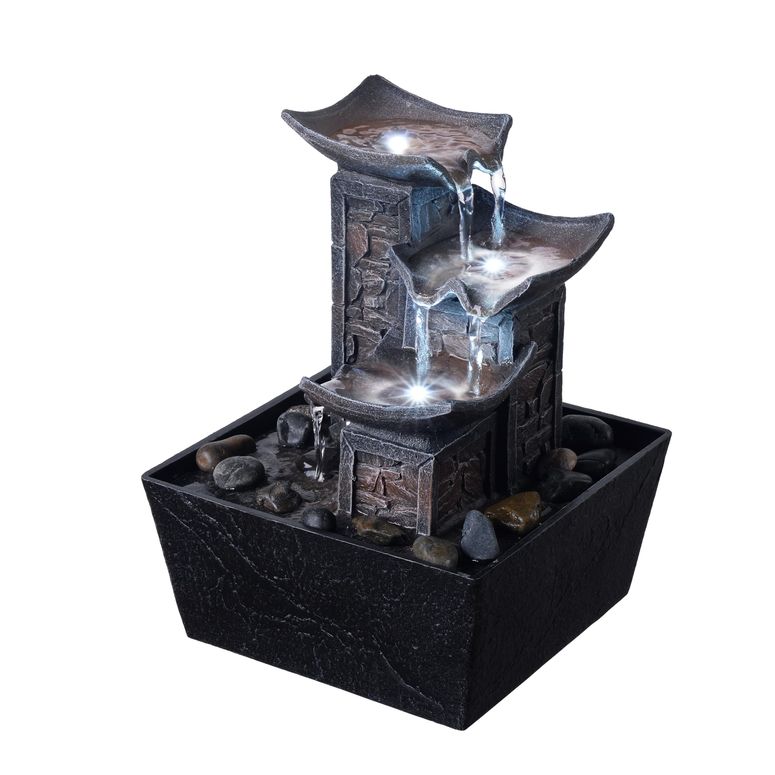 卓上 噴水 滝のオブジェ テーブルトップファウンテン インテリア噴水 MSEONWXI Home D?cor Tabletop Fountain 3-Tier Tile Indoor Black Fountain Waterfall Pebble Stone LED Cold White Light Desktop Water Sound Pump On/Off Switch Fengshui G 【並行輸入品】