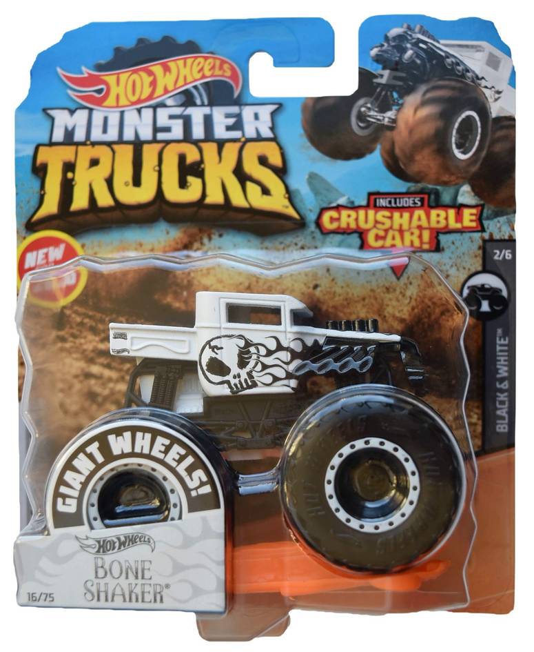 ホットウィール モンスタートラック Hot Wheels Monster Trucks 1:64 Scale Bone Shaker 16/75 Crushable Car, Black/White 【並行輸入品】