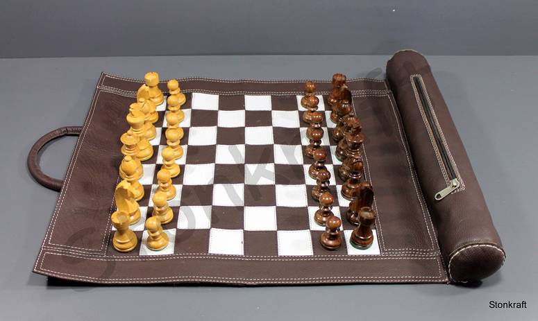 チェスセット StonKraft - 19" x 15" (Chess Board Size 12" x 12") Roll-Up Leather Chess Set with Wooden Chess Pieces - Brown | Comes with Innovative Carry Pouch 【並行輸入品】｜MJ-MARKET
