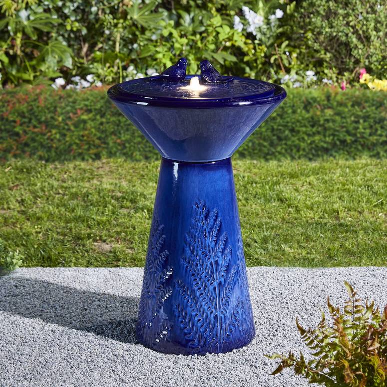 ガーデン 噴水 インテリア噴水 置き型 噴水 滝のオブジェ ウォーターフォールファウンテン Glitzhome 27.5"H Outdoor Garden Water Fountain with LED Lights and Pump, Cobalt Blue Two Birds Embossed Plant Pattern Pedestal Ceramic Floor-Stand 【並行輸入品】|MJ-MARKET