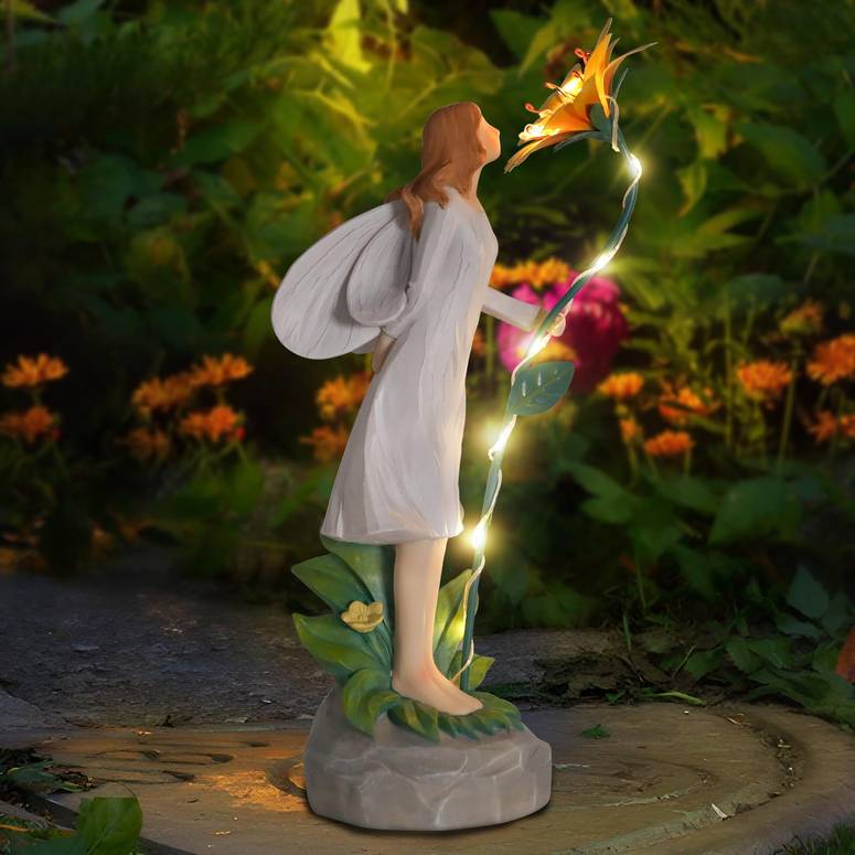 ガーデンライトLEDソーラーライト ソーラーパワー Ovewios Fairy Garden Statue Outdoor Decor, Solar Powered Garden Sculptures Fairy Resin Statues Waterproof Yellow Flower Solar LED Lights Yard Art Decorations for Outside Patio Lawn Gar 【並行輸入品】