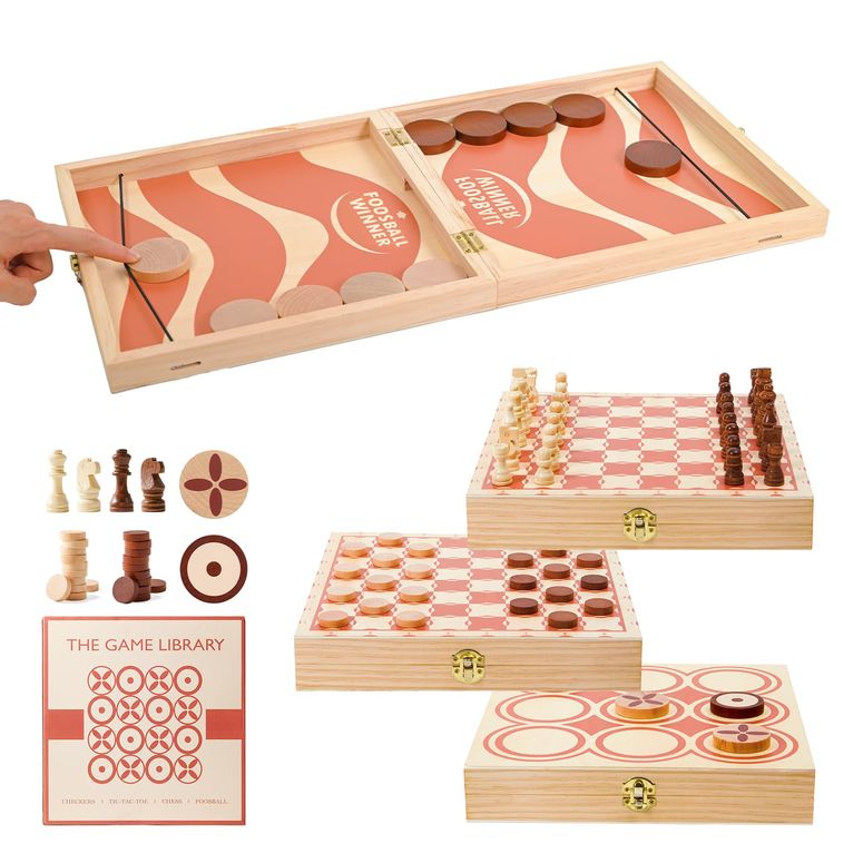 チェスセット RM ROOMERS Tabletop 4-in-1 Board Game Set, Portable Fast Sling Puck Set, Chess, Checkers, Tic Tac Toe, Travel Foosball Wooden Hockey Slingshot Games for Adults Family-Multi Chess Pieces 【並行輸入品】