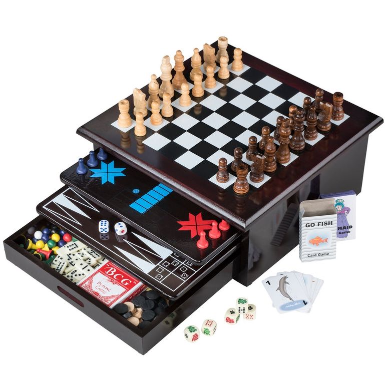 チェス仕かける Board Game Set - Deluxe 15 インチ 1 Tabletop Wood-accented Game Center with Storage Drawer (Checkers, Chess, Chinese Checkers, Parcheesi, TicTacToe, SOlitaire, Snakes and Ladders, Mancala, Backgammon, Poker Dice, Playing C 【並行輸入品】 チェス-ファミリートイ・ゲーム