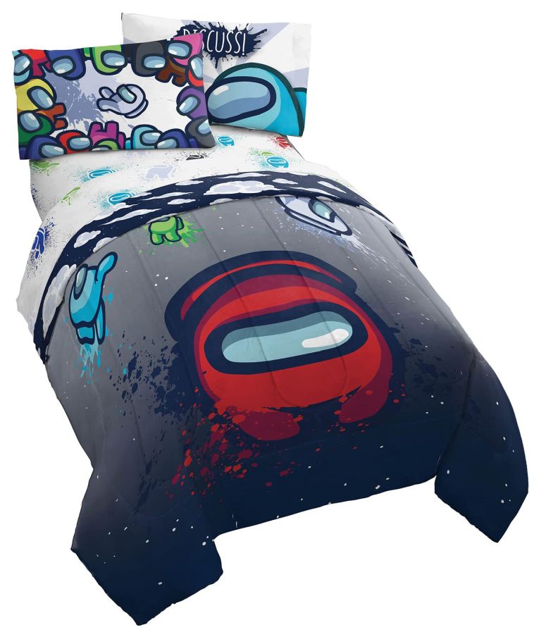 アモングアス アモンガス Among Us Space Splatter 4 Piece Twin Size Bed Set - Includes Comforter & Sheet Set - Super Soft Fade Resistant Microfiber (Official Among Us Product) 【並行輸入品】