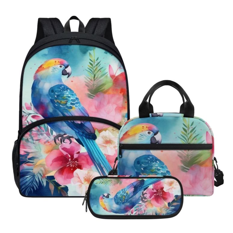 インコ 小鳥 バード トラベルキャリアー Parprinty Blue Floral Bird Parrot Backpack Set for Girls Kids Lightweight Cute School Backpack with Lunch Box Pencil Case Adjustable Strap Padded Book Bag Insulated Lunch Bag 【並行輸入品】