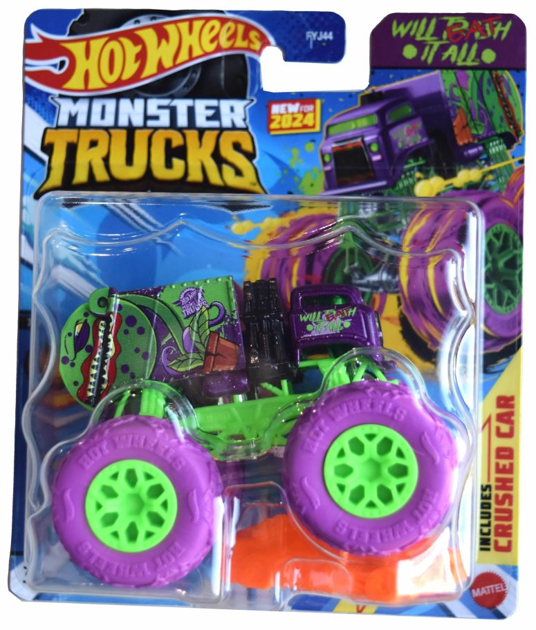ホットウィール モンスタートラック Hot Wheels Monster Trucks Will Eat it All, HWMT Back to Basics 7/7 Includes Crushed Car 【並行輸入品】