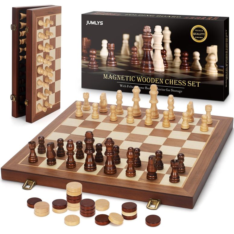 チェスセット 2 in 1 Magnetic Chess Set & Checkers Board Game, 15" Wooden Folding Chess Board with 2 Extra Queens, Portable Travel Chess Set with Pieces Storage Slots, Beginner Chess Board Game for Adults & Kids 【並行輸入品】｜MJ-MARKET