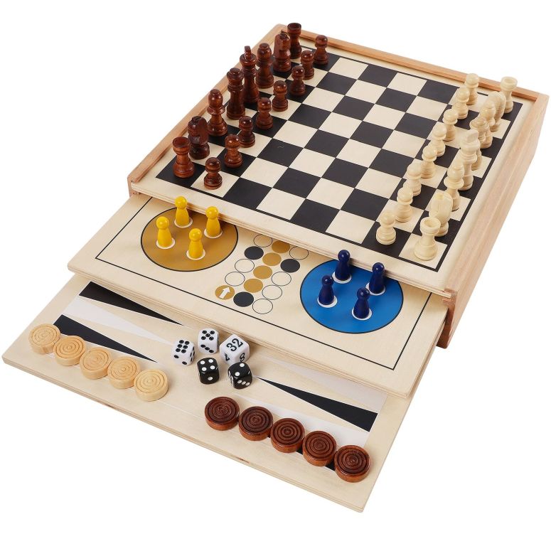 チェス仕かける Juegoal 7-インチ-1 Wooden Board Game Set for Kids Adults, Tabletop Combo Classic Travel Portable Board Games (Chess, Checkers, Chinese Checkers, Backgammon, Parcheesi, Snakes and Ladders, Tic Tac Toe) 【並行輸入品】 おもちゃ-チェス
