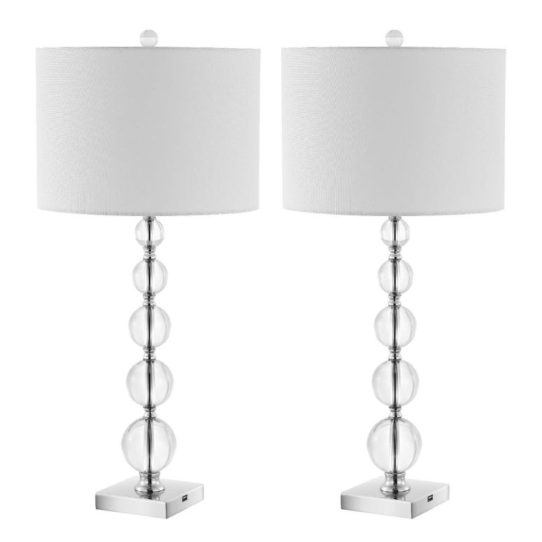 サファヴィヤ safavieh 時刻表照明ランプ サファビヤ サファヴィア SAFAVIEH Lighting Collection Liam Clear/Chrome Stacked Crystal Ball 30-inch Table Lamp Set of 2 with USB Charging Port (LED Bulbs Included) 【並行輸入品】