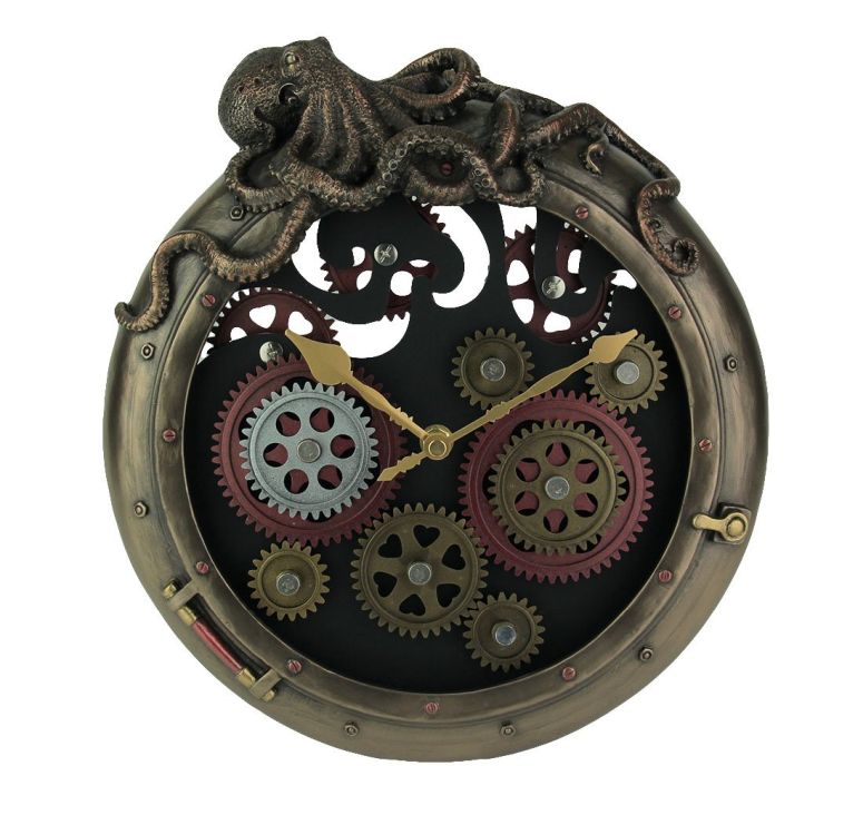 飾りつけ時辰儀 今めかしい VERONESE DESIGN 9.9 Inch Tall Steampunk Moving Gears Octopus Porthole Wall Clock Cold Cast Resin Antique Bronze Finish 【並行輸入品】