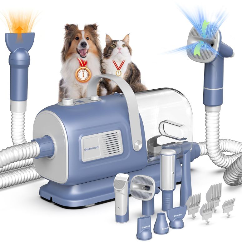 ペットバリカン geoorood Dog Grooming Vacuum and Dryer Kit, Blower for Pet Vacuum Grooming 7 in 1 with Clippers for Dogs Hair Shedding Brush Remover Tools at Home Blue Grey 【並行輸入品】